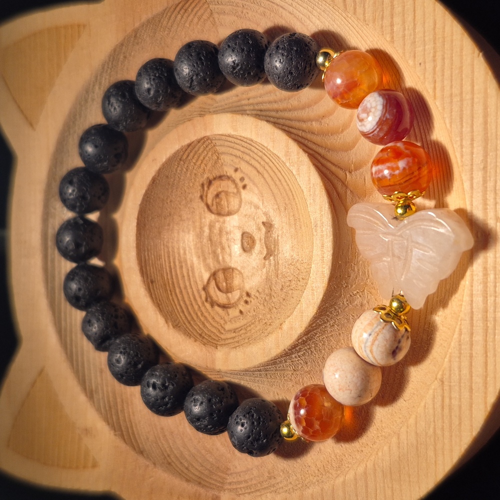 Rose quartz butterfly and red orca agate with lava beads
